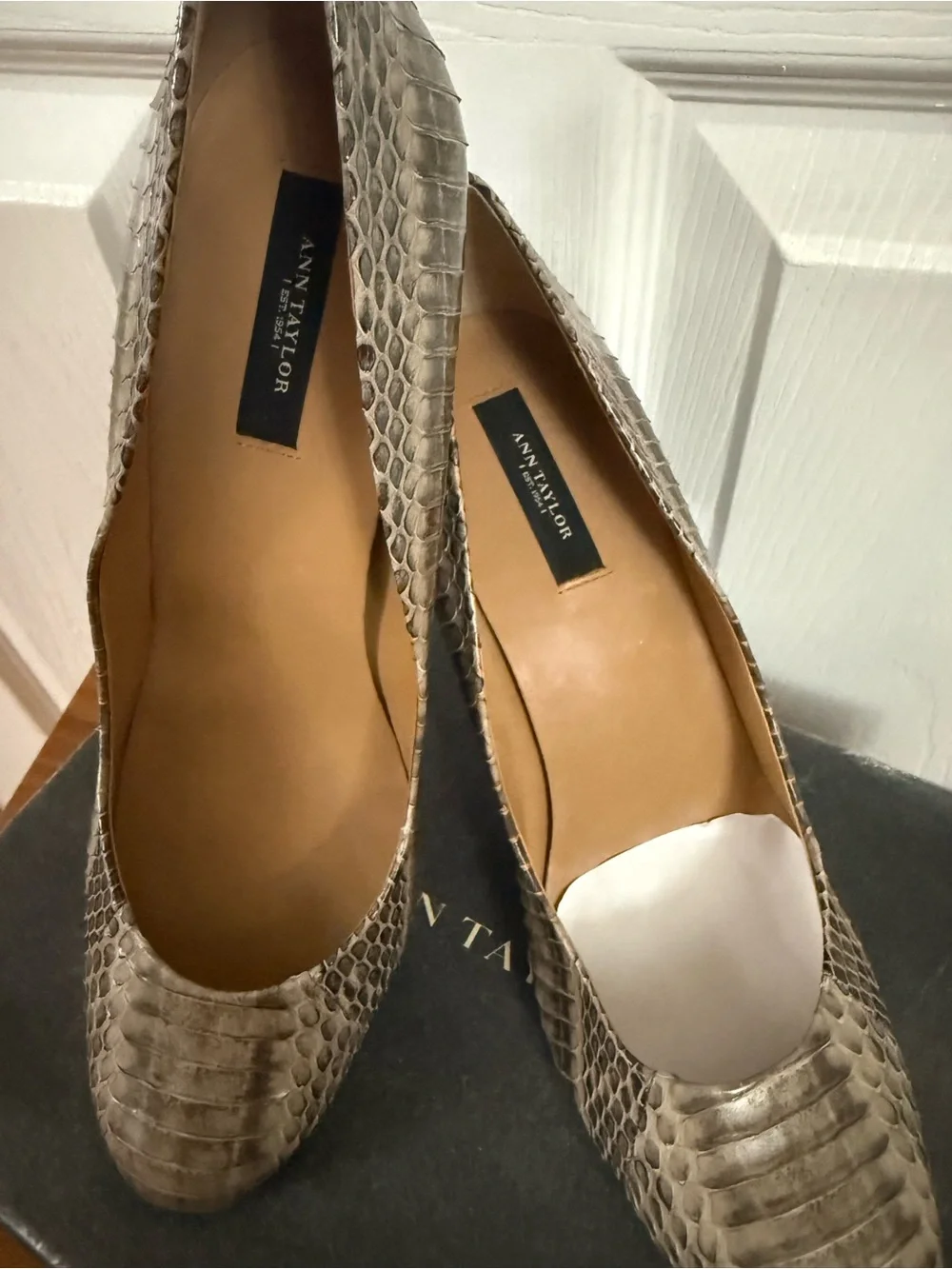 Ann Taylor Snake-Print Heels in Taupe and Beige
